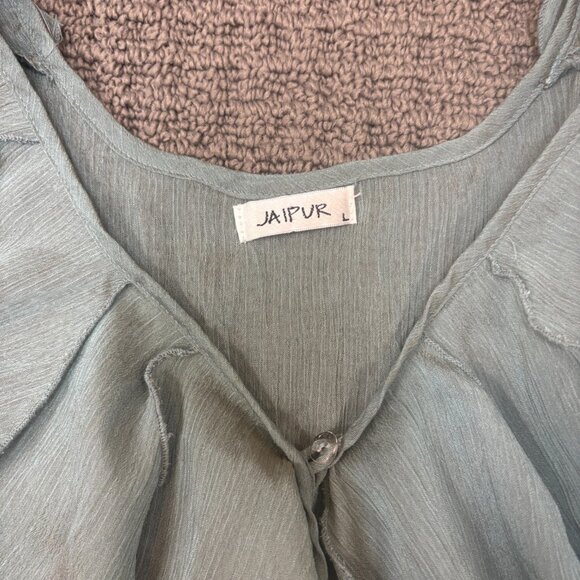 Vintage Jaipar Shirt Large Green V Neck 3/4 Sleeves Sheer Handkerchief Blouse - Picture 12 of 12